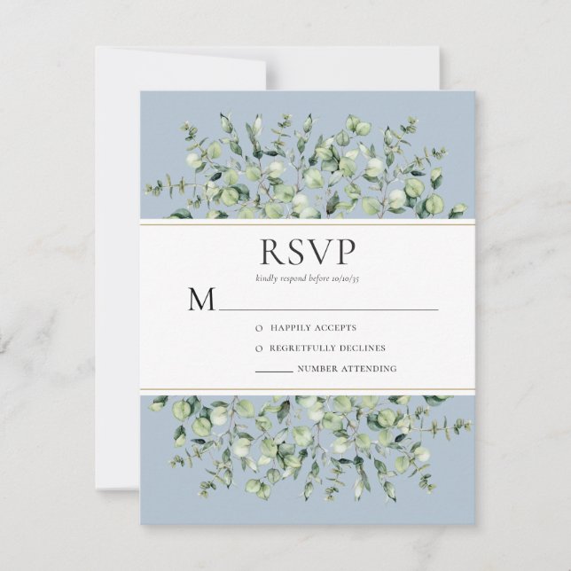 Dusty Blue Eucalyptus Wedding RSVP Karte (Vorderseite)