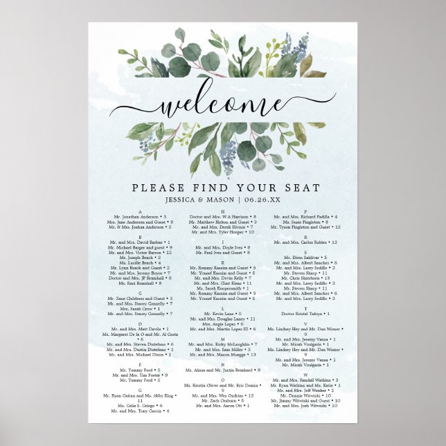 Dusty Blue Eucalyptus Wedding Seating Chart Sign Poster (Vorne)