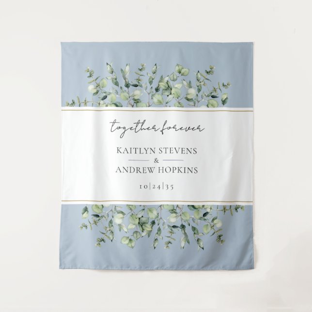 Dusty Blue Eucalyptus Wedding Together Forever Wandteppich (Vorderseite)