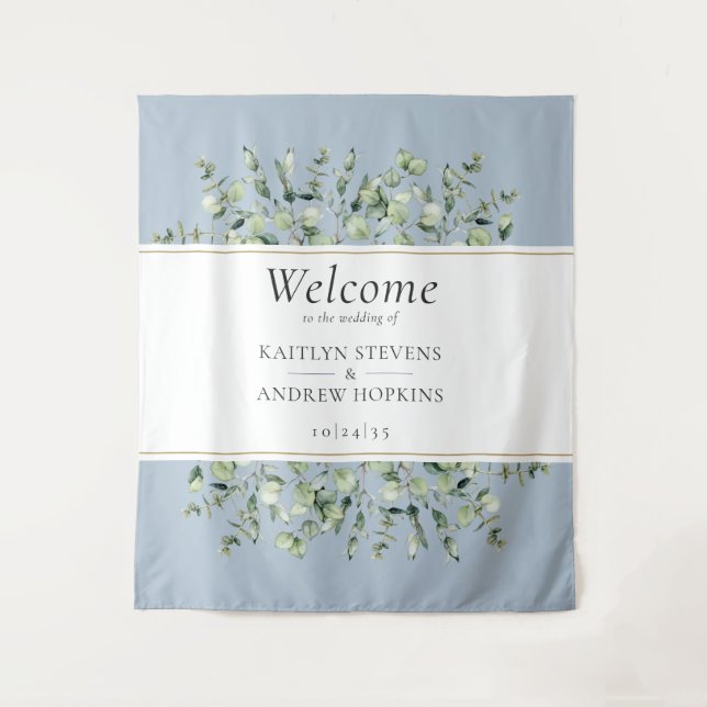 Dusty Blue Eucalyptus Wedding Willkommen Wandteppich (Vorderseite)
