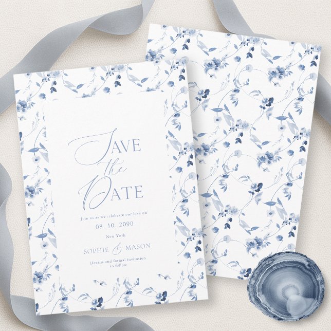 Dusty Blue Fine Art Floral Save the Date Card Einladung (Von Creator hochgeladen)