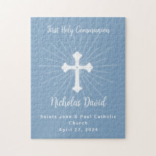 Dusty Blue First Communation mit Cross Puzzle