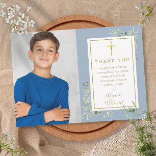 Dusty Blue First Holy Communion Greenery Foto Dankeskarte