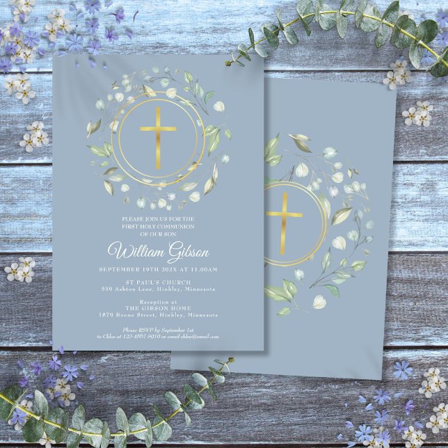 Dusty Blue First Holy Communion Greenery Gold Einladung (Dusty Blue First Holy Communion Greenery Gold Invitation)