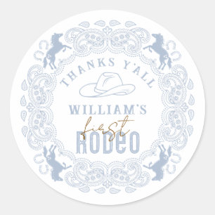 Dusty Blue First Rodeo Geburtstagssticker - Wir Runder Aufkleber