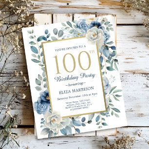 Dusty Blue Floral 100. Geburtstag Einladung