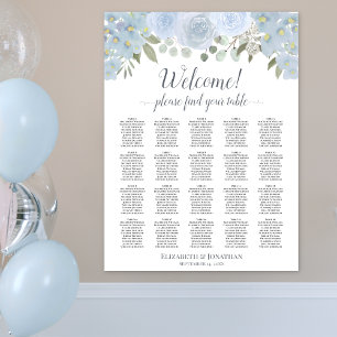 Dusty Blue Floral 20 Table Wedding Seating Chart Poster
