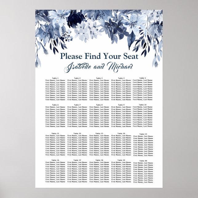 Dusty Blue Floral 20-Tisch Hochzeitskarte Poster (Vorne)