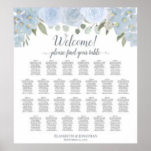 Dusty Blue Floral 26 Table Wedding Seating Chart Poster