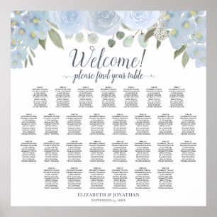 Dusty Blue Floral 29 Table Wedding Seating Chart Poster