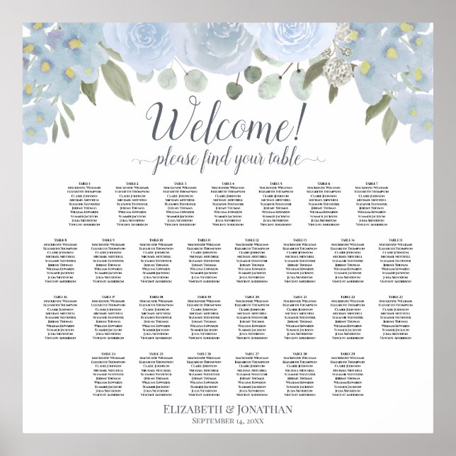 Dusty Blue Floral 29 Table Wedding Seating Chart Poster (Vorne)