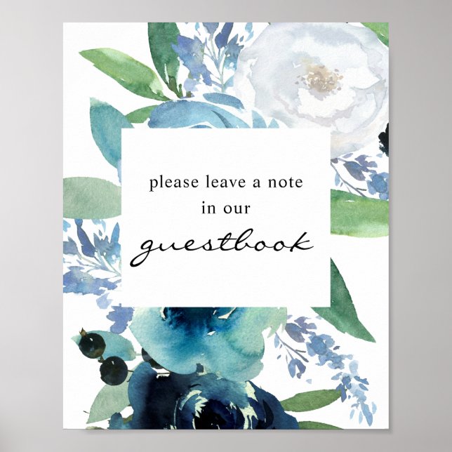 Dusty Blue Floral 2 Gästebuch signierendes Poster  (Vorne)