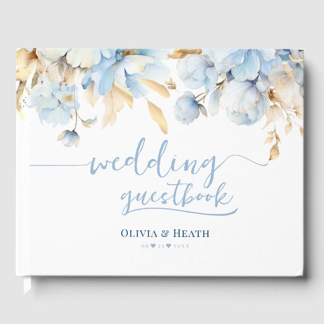 Dusty Blue Floral 2 Gold Wedding Gästebuch (Vorderseite)
