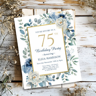 Dusty Blue Floral 75. Geburtstag Einladung