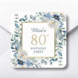 Dusty Blue Floral 80. Geburtstag Gefallen Quadratischer Aufkleber