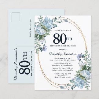 Dusty Blue Floral 80. Geburtstag Hübsche Einladung