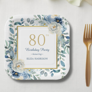 Dusty Blue Floral 80. Geburtstag Pappteller