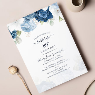 Dusty Blue Floral 80. Geburtstagsparty Einladung