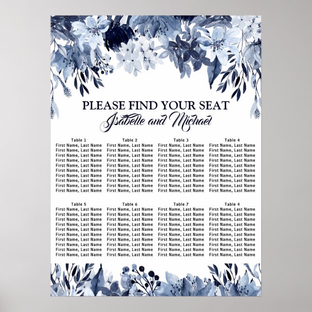 Dusty Blue Floral 8-Tisch Hochzeitskarte Poster (Vorne)