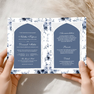 Dusty Blue Floral All in One Lace Indian Wedding Einladung