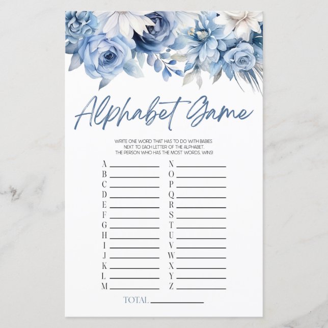 Dusty Blue Floral Alphabet Baby Showspiel (Vorderseite)