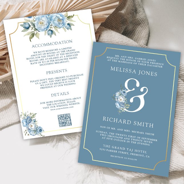 Dusty Blue Floral Ampersand auf einer Hochzeit Einladung (Von Creator hochgeladen)