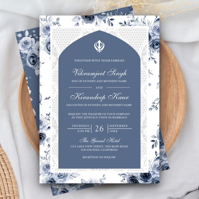 Dusty Blue Floral Anand Karaj Punjabi Sikh Wedding Einladung (Von Creator hochgeladen)