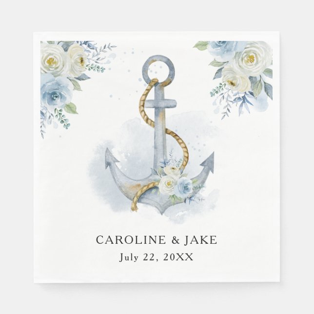 Dusty Blue Floral Anchor Nautical Wedding Serviette (Vorderseite)