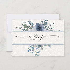 Dusty Blue Floral and Black Wedding RSVP Einladung