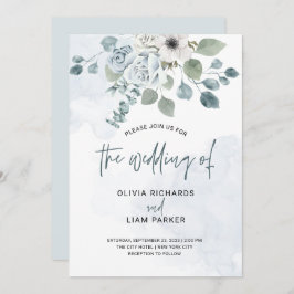 Dusty Blue Floral and Eucalyptus Wedding Einladung