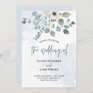 Dusty Blue Floral and Eucalyptus Wedding Einladung