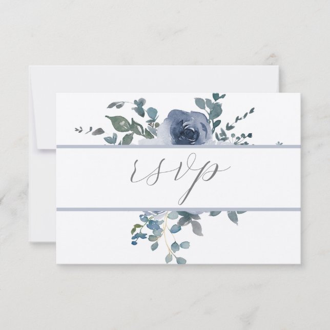 Dusty Blue Floral and Gray Wedding RSVP Einladung (Vorderseite)
