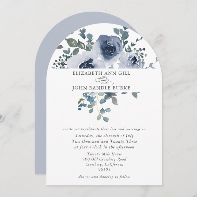 Dusty Blue Floral and Grey Arch Wedding Invitation Einladung (Vorne/Hinten)