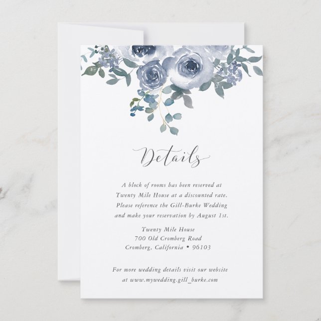 Dusty Blue Floral and Grey Wedding Details Card Mitteilungskarte (Vorderseite)