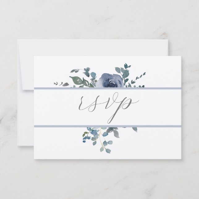 Dusty Blue Floral and Grey Wedding RSVP Einladung (Vorderseite)