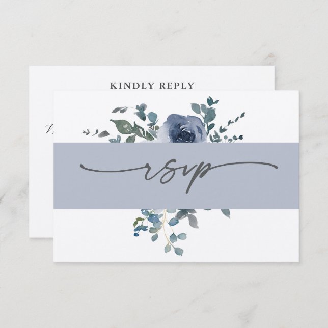 Dusty Blue Floral and Grey Wedding RSVP Einladung (Vorne/Hinten)