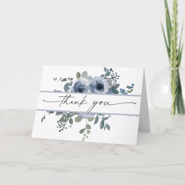 Dusty Blue Floral and Grey Wedding Thank You Card Dankeskarte (Vorderseite)