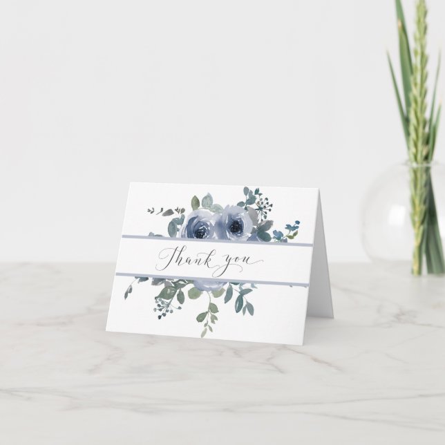 Dusty Blue Floral and Grey Wedding Thank You Card Dankeskarte (Vorderseite)