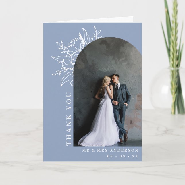 Dusty Blue Floral Arch Foto eingewickelt Dankeskarte (Vorderseite)