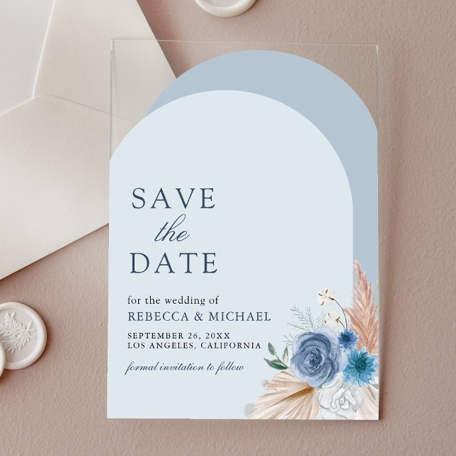 Dusty Blue Floral Arch Wedding Save the Date Acryleinladungen (Von Creator hochgeladen)