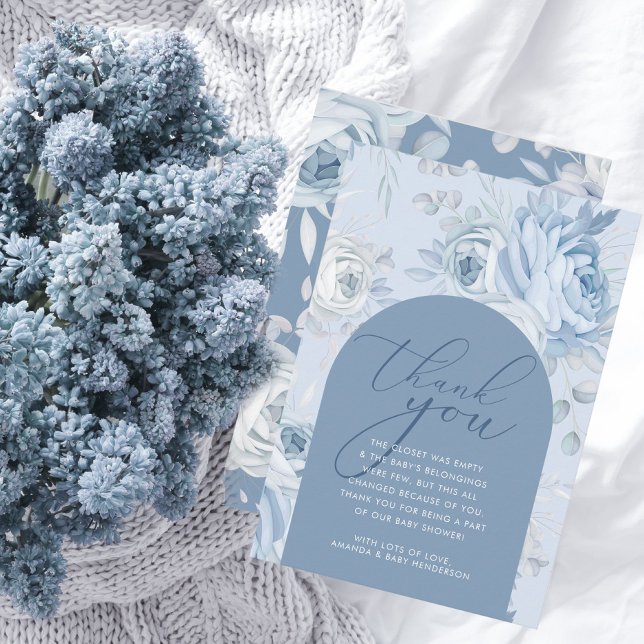 Dusty Blue Floral Baby in Bloom Baby Shower Dankeskarte (Dusty Blue Floral Thank You Card)