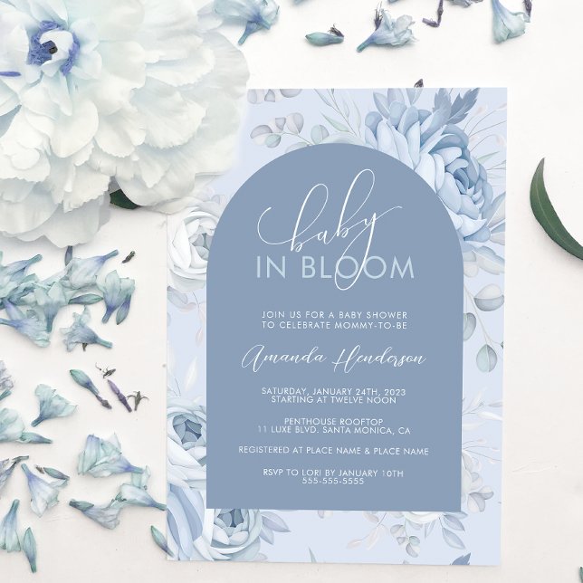 Dusty Blue Floral Baby in Bloom Baby Shower Einladung (Von Creator hochgeladen)