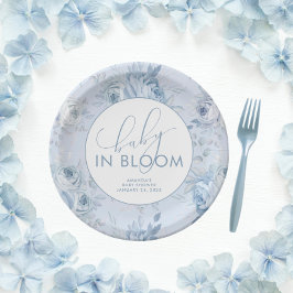 Dusty Blue Floral Baby in Bloom Baby Shower Pappteller