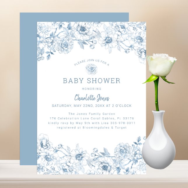 Dusty Blue Floral Baby Shower Einladung mit Elegan (Dusty Blue Baby Shower Invitation)