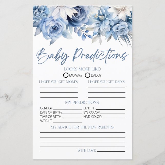 Dusty Blue Floral Baby Shower Predictions Game (Vorderseite)
