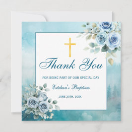 Dusty Blue Floral Baptism Boy Religious Dankeskarte