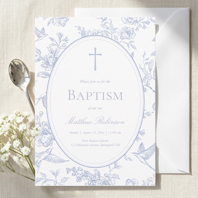Dusty Blue Floral Baptism Einladung (Von Creator hochgeladen)