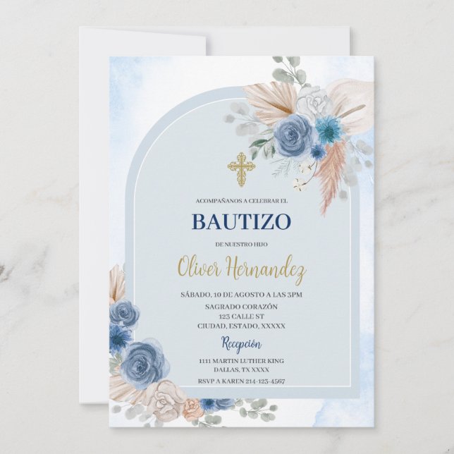 Dusty Blue Floral Bautizo Einladung (Vorderseite)