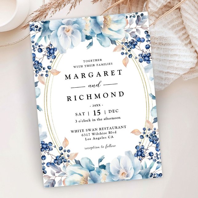 Dusty Blue Floral Berry Weihnachtsfest Einladung (Von Creator hochgeladen)