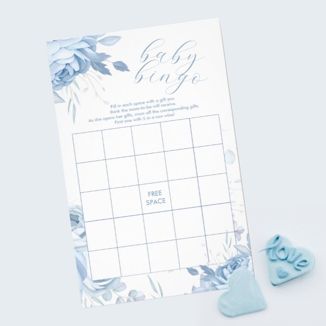 Dusty Blue Floral BINGO Babyduschenspiel Flyer (Von Creator hochgeladen)